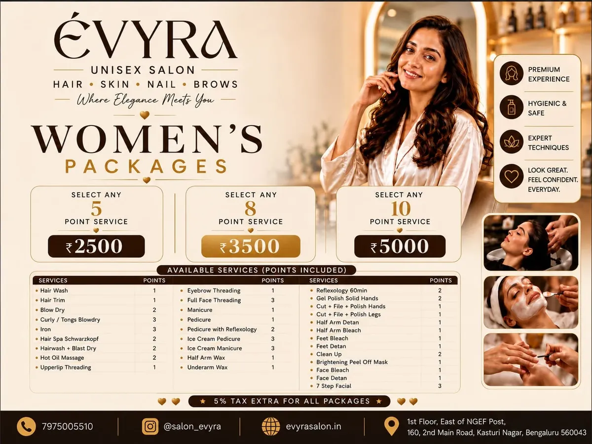Évyra women's packages — 5, 8 and 10 point services with available service list